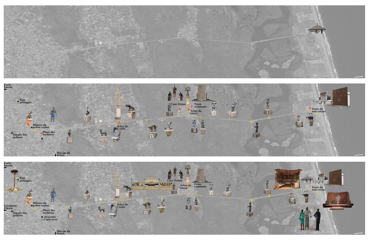 Photomontage schématique représentant la superposition d'installations et de monuments commémoratifs le long de la voie menant à l'océan depuis le centre-ville de Ouidah.